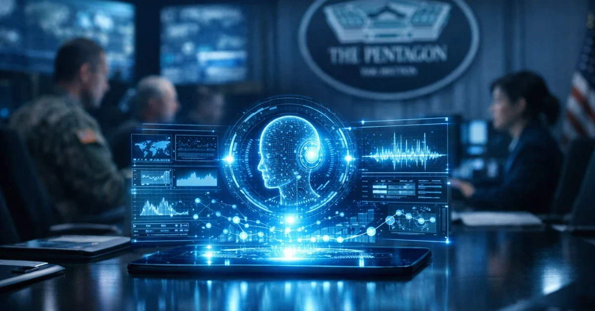 A glowing holographic AI interface hovering over a table in a modern Pentagon control room with personnel working in the blurred background.