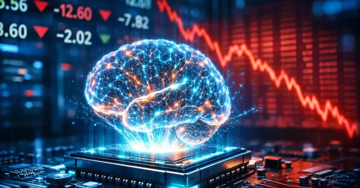 A glowing digital neural network being compressed into a microchip with blurred, red downward-trending stock market charts in the background.