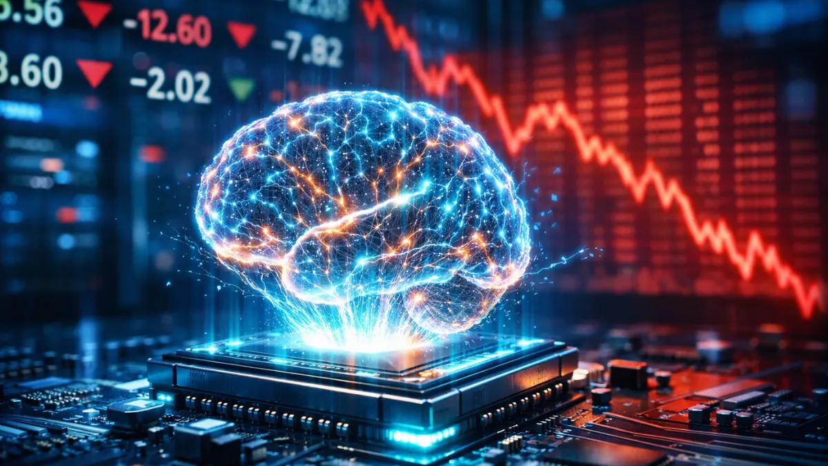 A glowing digital neural network being compressed into a microchip with blurred, red downward-trending stock market charts in the background.