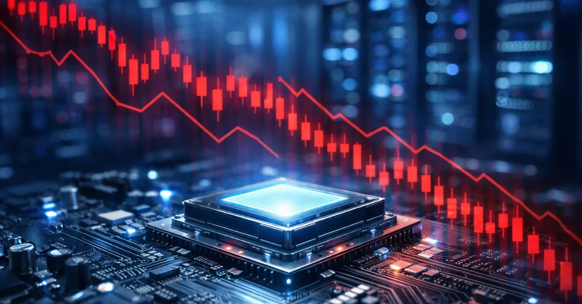 A glowing computer chip on a circuit board overlaid with downward-trending red stock market graphs in a high-tech data center.