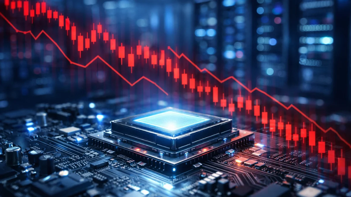 A glowing computer chip on a circuit board overlaid with downward-trending red stock market graphs in a high-tech data center.