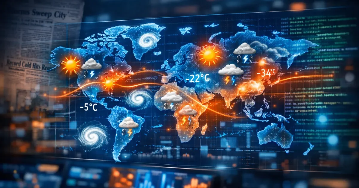 A high-tech digital map displaying weather data overlaid with fading vintage newspaper articles, representing Google's AI flood prediction model.