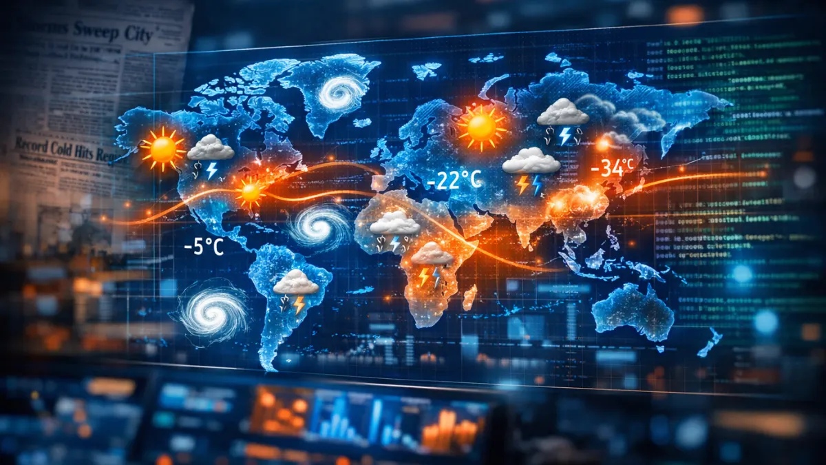 A high-tech digital map displaying weather data overlaid with fading vintage newspaper articles, representing Google's AI flood prediction model.