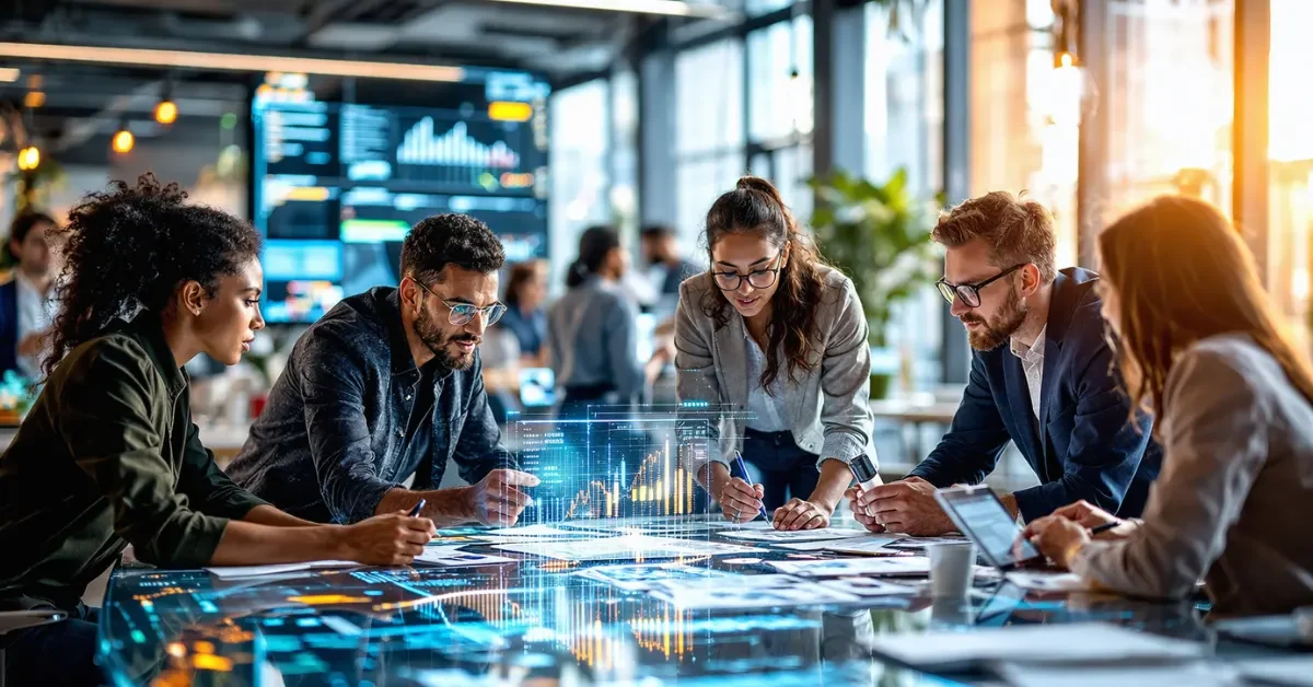 Diverse tech professionals collaborating on artificial intelligence projects in a modern, brightly lit startup accelerator workspace.