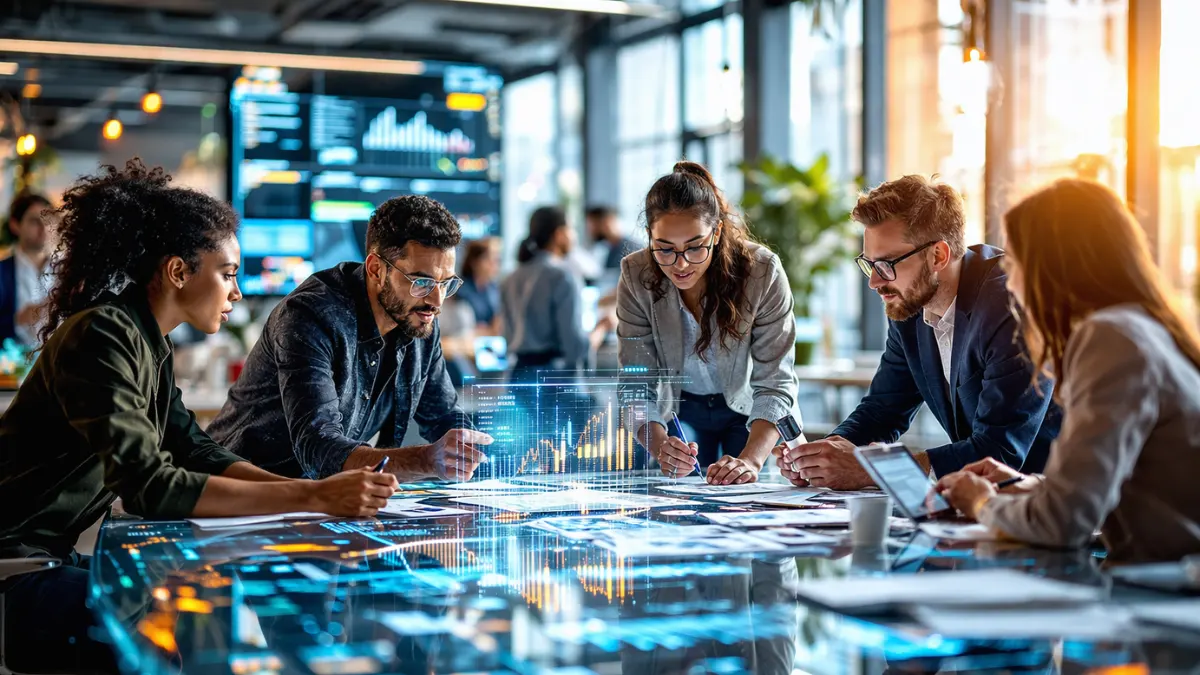 Diverse tech professionals collaborating on artificial intelligence projects in a modern, brightly lit startup accelerator workspace.