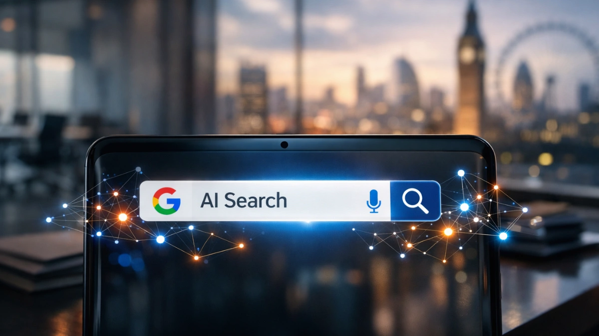 A modern digital screen displaying a search interface with artificial intelligence graphics, representing Google's new publisher controls and regulatory changes in the UK tech sector.