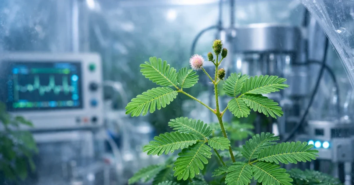 A highly detailed Mimosa pudica plant with delicate green leaves positioned under soft laboratory lighting inside a research tent.