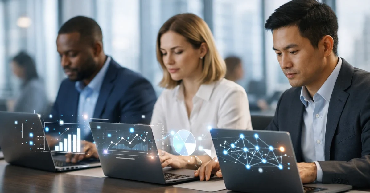 Professionals working on laptops in a modern office with glowing digital data charts hovering above their screens, representing artificial intelligence in the workplace.