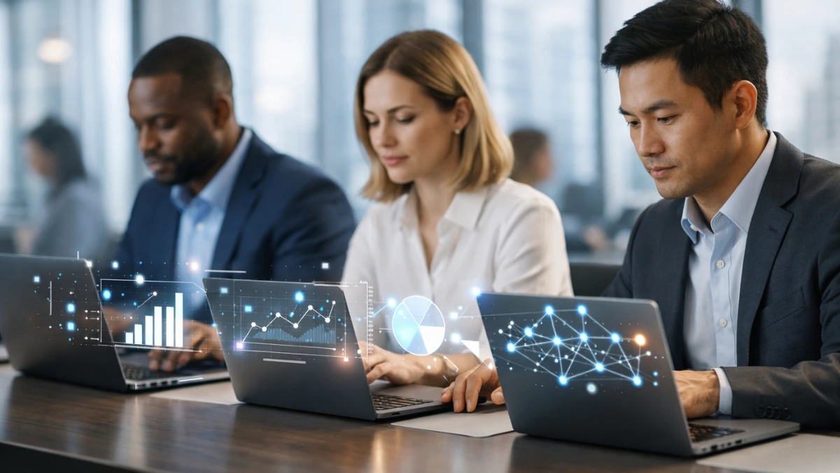 Professionals working on laptops in a modern office with glowing digital data charts hovering above their screens, representing artificial intelligence in the workplace.