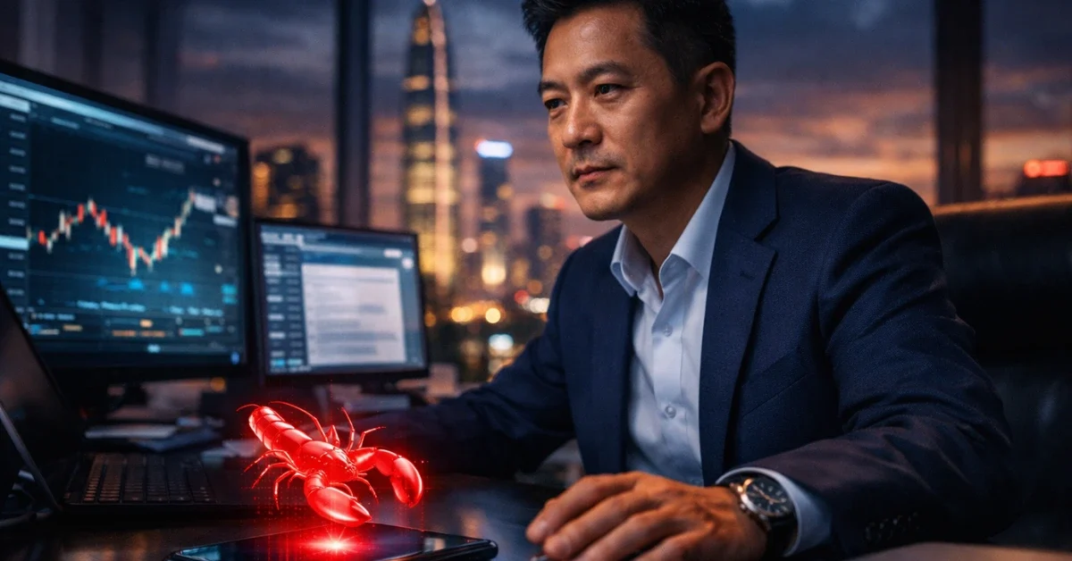 A modern entrepreneur working in a high-tech office with a glowing red lobster icon symbolizing OpenClaw AI .