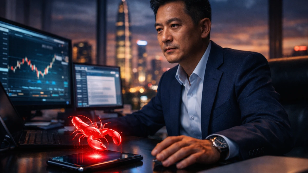 A modern entrepreneur working in a high-tech office with a glowing red lobster icon symbolizing OpenClaw AI .