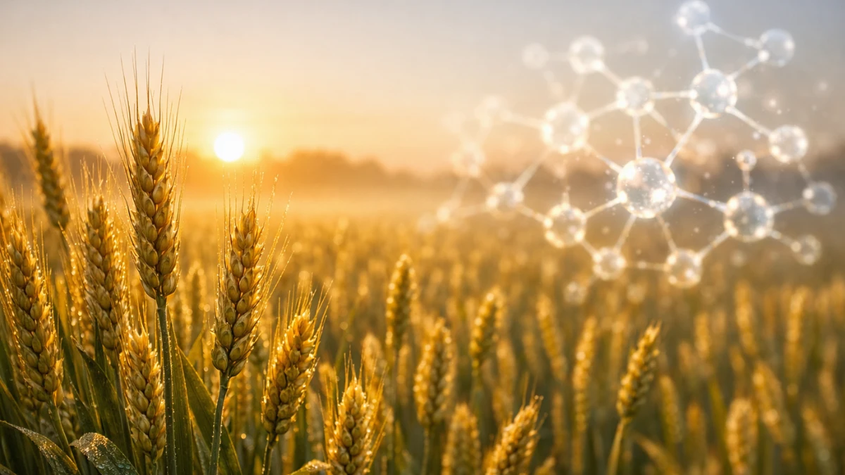 A lush field of golden wheat glowing under warm sunrise lighting, representing thriving agricultural crop yields.