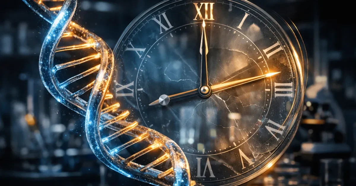 A glowing DNA strand intertwined with a clock face representing biological aging research in a modern laboratory setting.