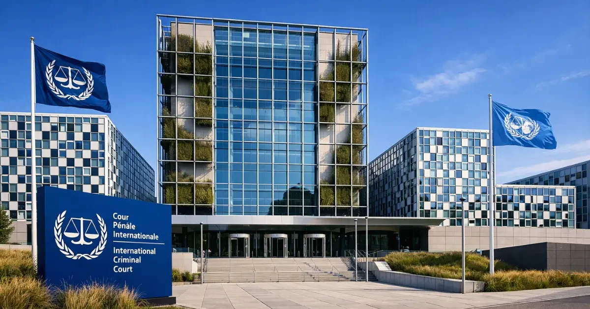 The exterior architectural facade of the International Criminal Court building under a clear sky.
