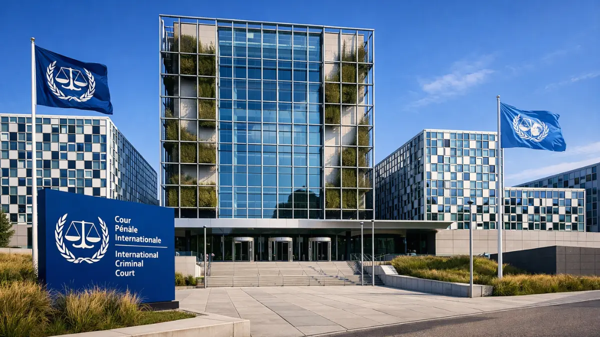 The exterior architectural facade of the International Criminal Court building under a clear sky.