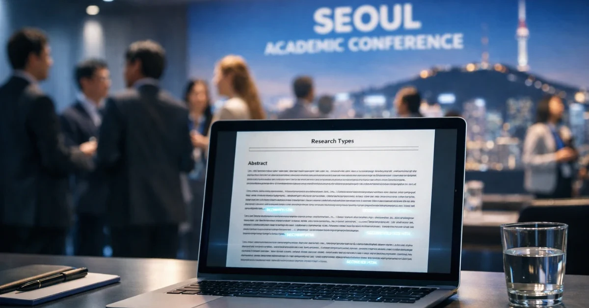 A laptop screen displaying a research paper with glowing digital watermarks, set against the blurred background of a modern academic conference hall.