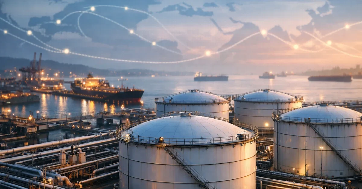 Wide view of oil storage tanks and pipelines at an industrial energy terminal in early morning light.
