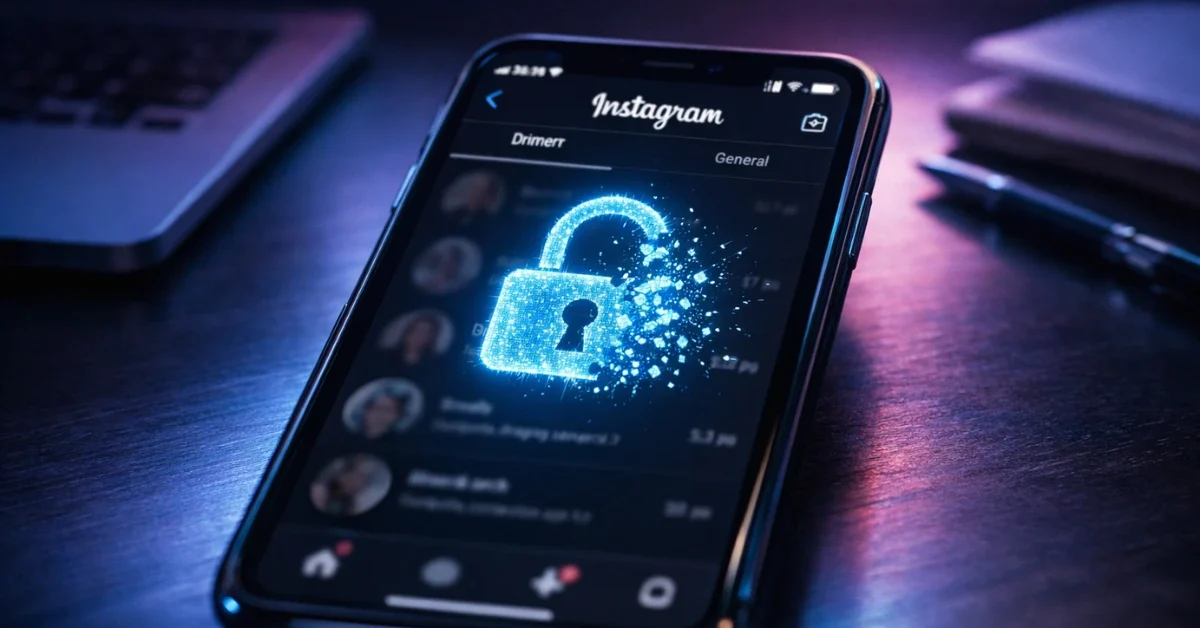 A close-up of a smartphone displaying an Instagram direct message screen with a fading padlock icon, symbolizing the end of encryption.