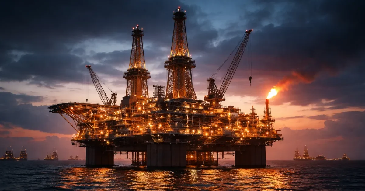 A dramatic twilight view of a large offshore oil rig representing global energy infrastructure in the Middle East.