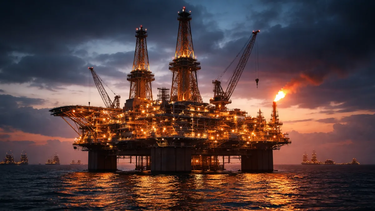 A dramatic twilight view of a large offshore oil rig representing global energy infrastructure in the Middle East.