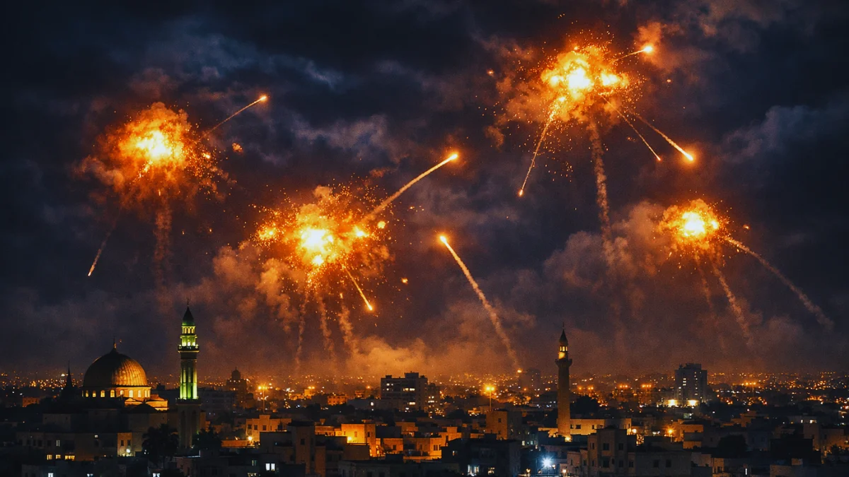 Nighttime skyline of a city showing bright flashes of anti-aircraft defense systems intercepting missiles in the dark sky.