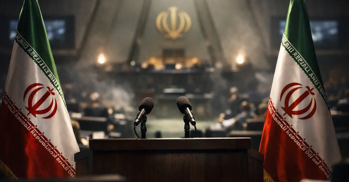 A dramatic, professional news-style image of a Middle Eastern government setting with Iranian flags, illustrating the high-stakes political transition in Iran.