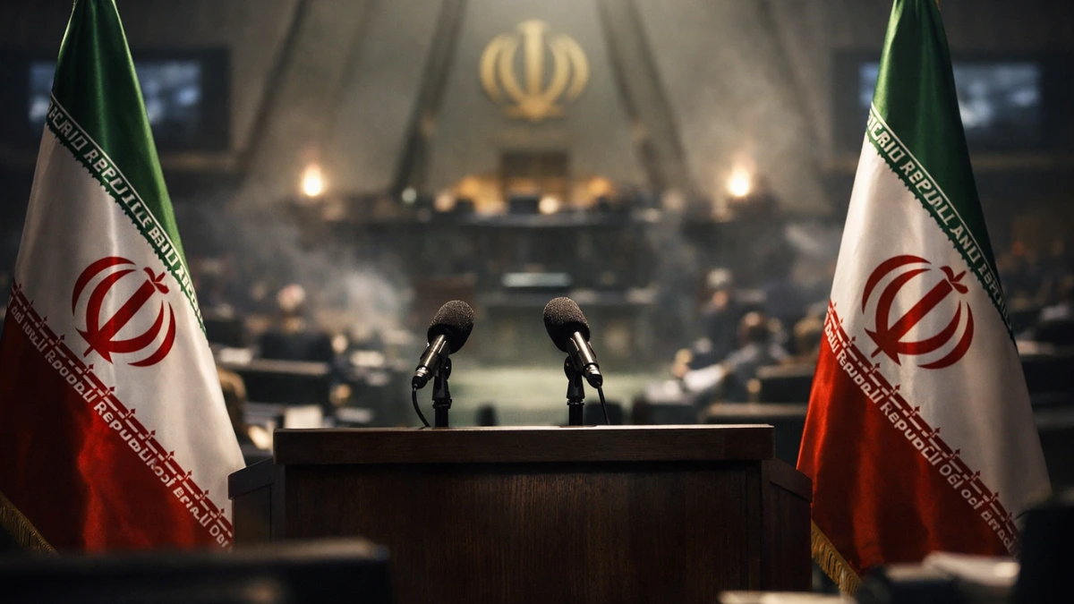 A dramatic, professional news-style image of a Middle Eastern government setting with Iranian flags, illustrating the high-stakes political transition in Iran.