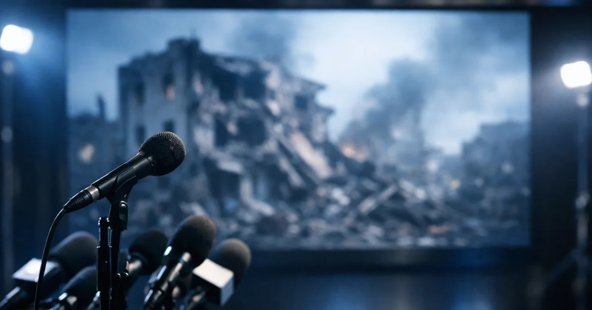 A professional news broadcast setting featuring a microphone in the foreground and a blurred screen showing structural damage in the background.