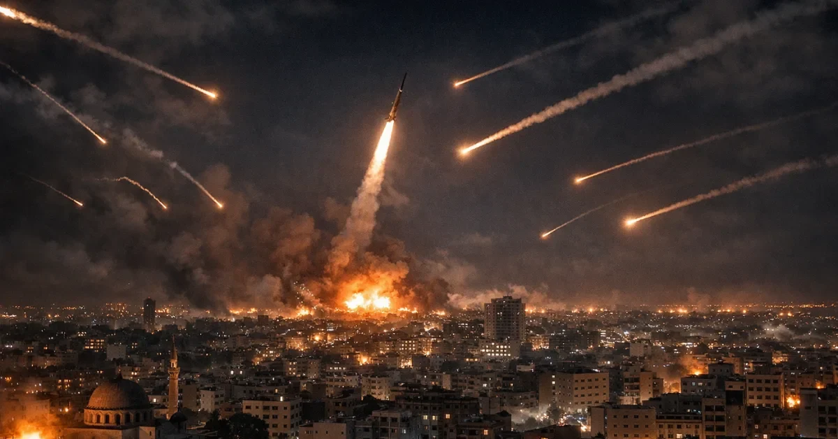 Bright missile trails illuminating the dark night sky over a modern Middle East city skyline during an air raid.