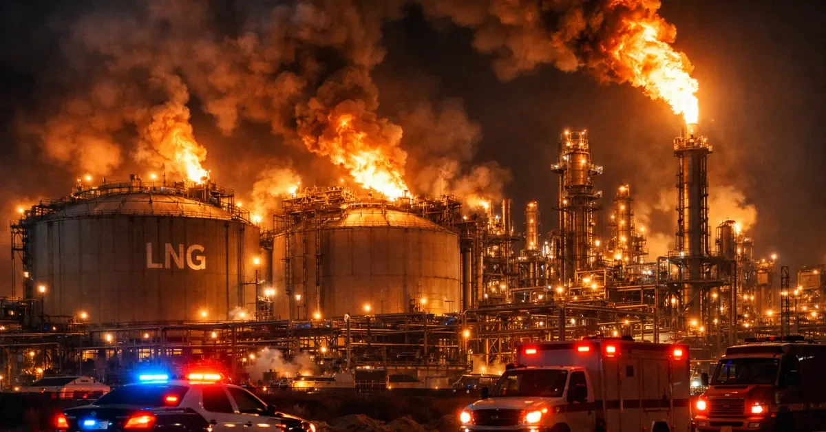 Massive fires and thick dark smoke rise from towering storage tanks at a large industrial liquefied natural gas facility at night.