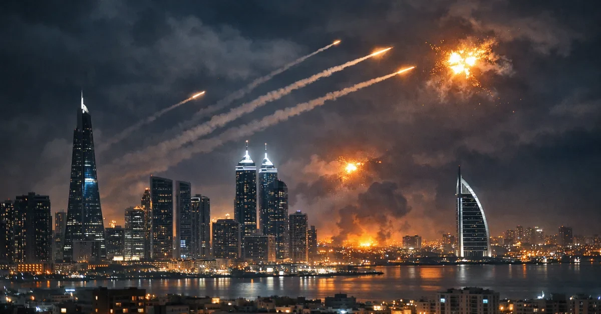 Interceptor missiles streak across a glowing night skyline in a Gulf city during the escalating Middle East conflict.