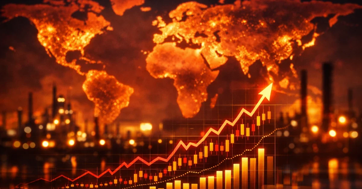 A digital world map glowing in red and orange tones alongside rising financial charts, representing the global economic impact of the energy crisis.