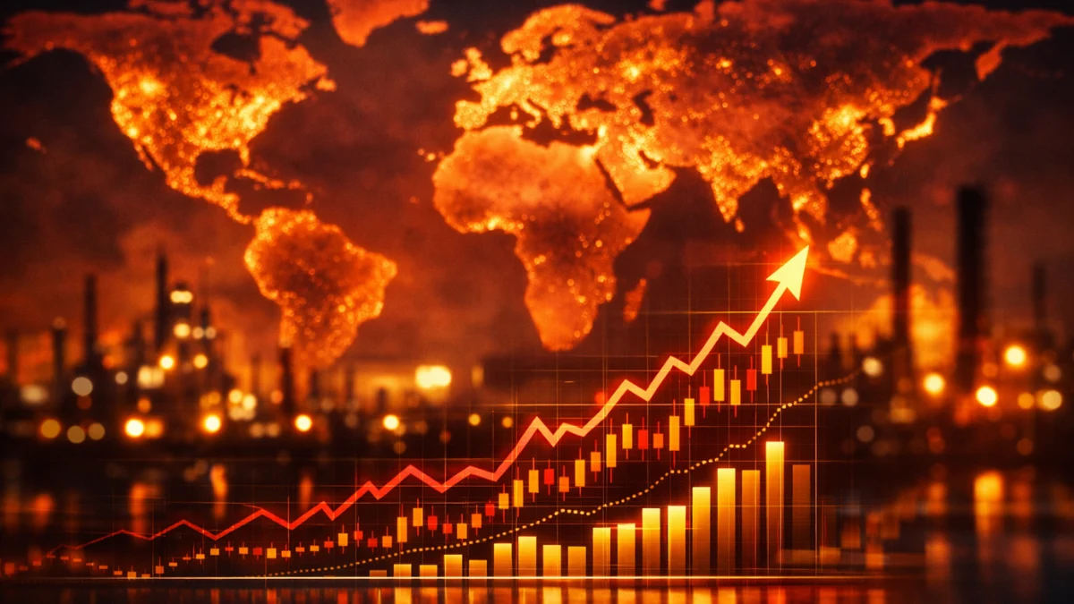 A digital world map glowing in red and orange tones alongside rising financial charts, representing the global economic impact of the energy crisis.