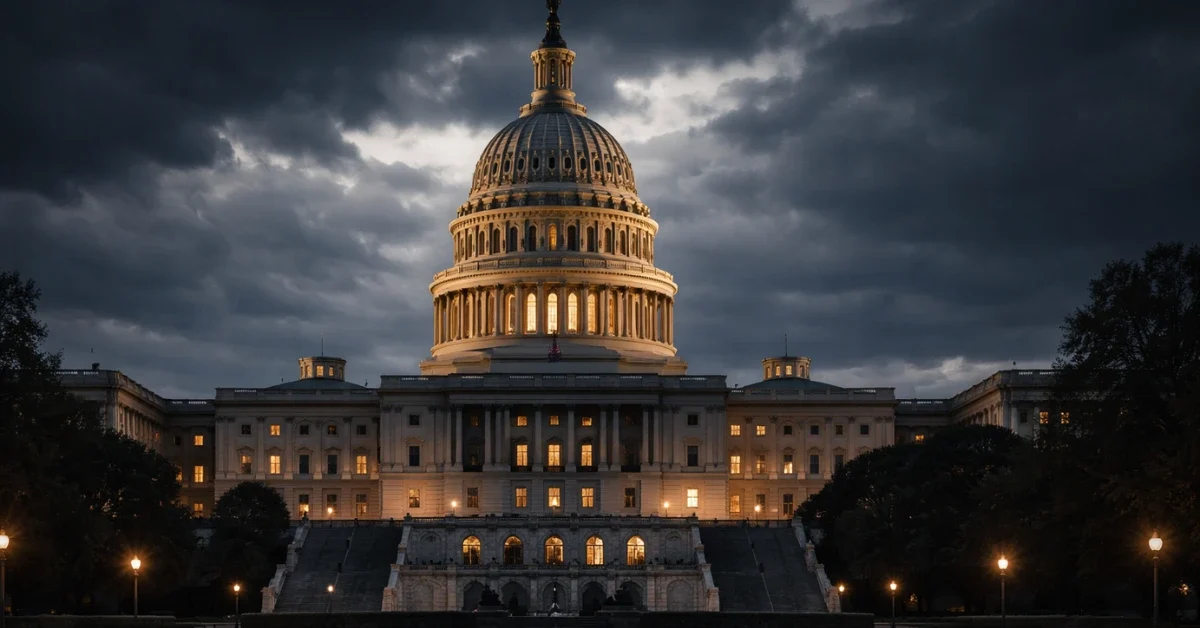 The United States Capitol building illuminated at dusk against a dramatic, overcast sky, representing high-stakes congressional decisions.