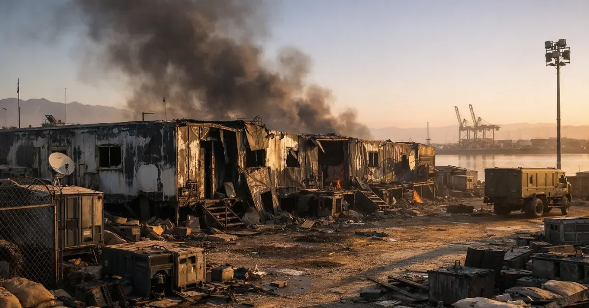 A wide shot of a damaged and smoldering military trailer facility with blackened walls under a clear morning sky.