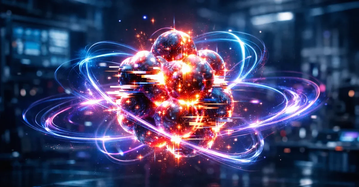 A glowing, highly distorted atomic nucleus demonstrating an atomic glitch in a high-tech laboratory setting.
