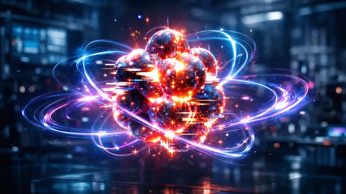 A glowing, highly distorted atomic nucleus demonstrating an atomic glitch in a high-tech laboratory setting.