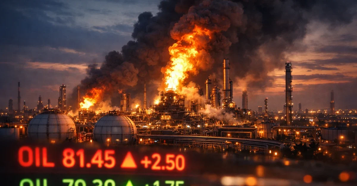 Industrial gas facility engulfed in flames and smoke with overlaid financial tickers showing surging global oil prices.