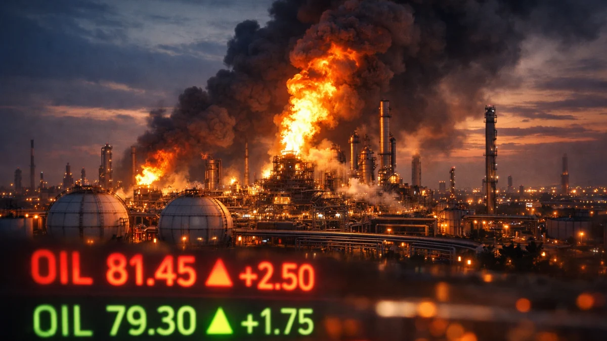 Industrial gas facility engulfed in flames and smoke with overlaid financial tickers showing surging global oil prices.