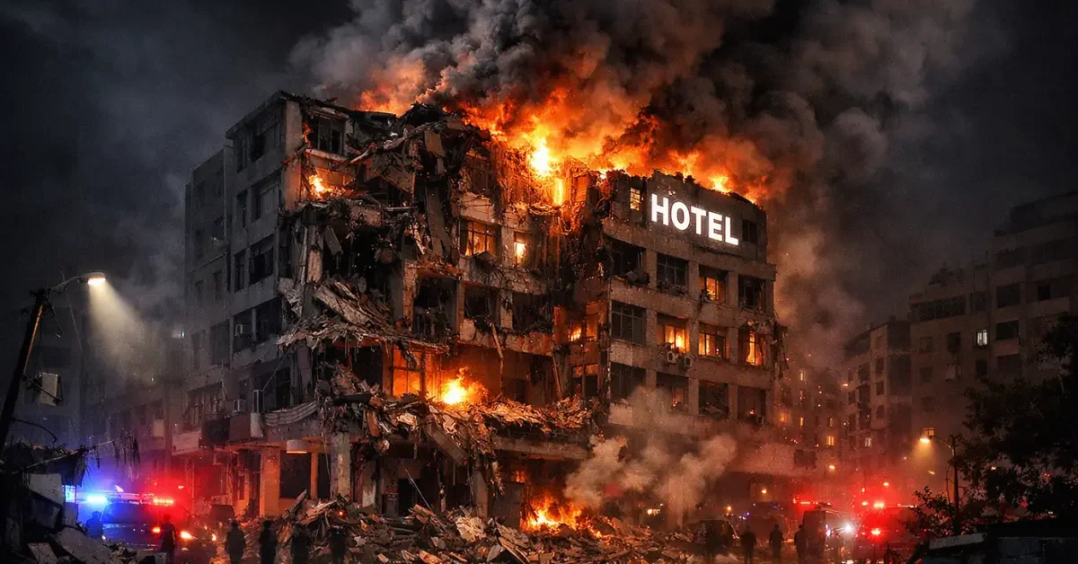 Thick smoke and flames engulf a multi-story hotel building in central Beirut at night following an airstrike.
