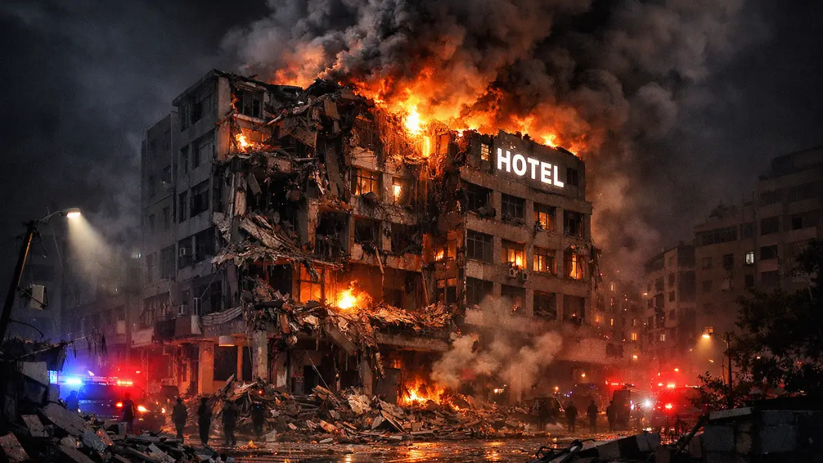 Thick smoke and flames engulf a multi-story hotel building in central Beirut at night following an airstrike.