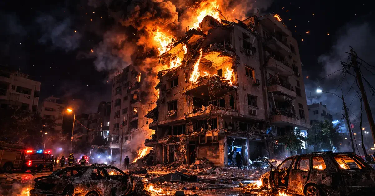 A destroyed urban building engulfed in flames at night with charred vehicles and rubble scattered across the street below following an airstrike.