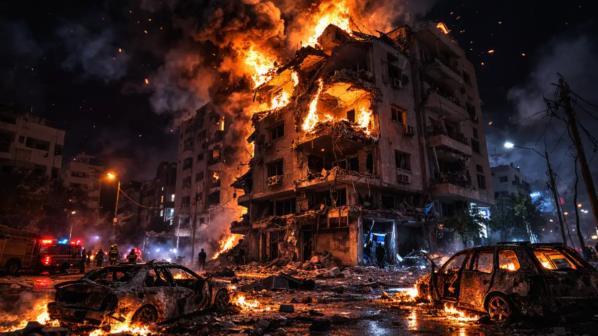 A destroyed urban building engulfed in flames at night with charred vehicles and rubble scattered across the street below following an airstrike.