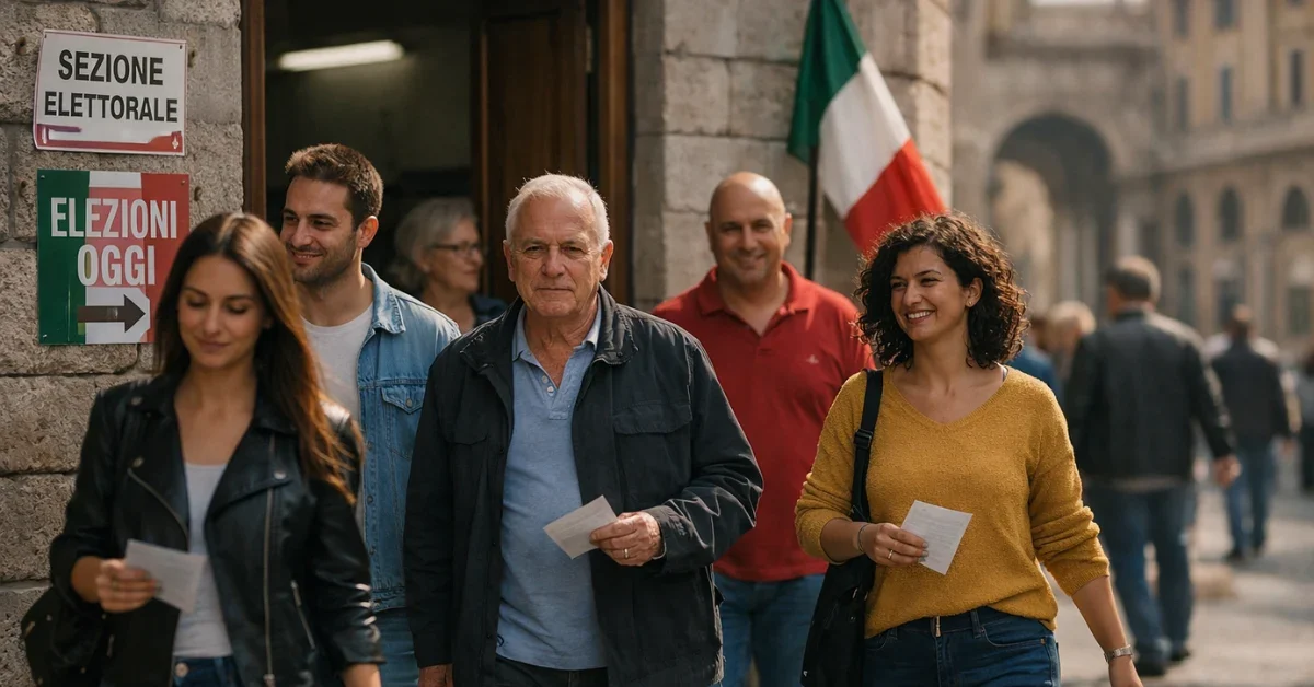 A wide shot of Italian citizens leaving a polling station in Rome after voting in the judicial referendum.