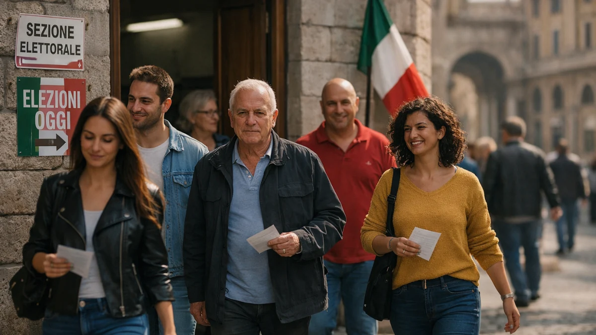 A wide shot of Italian citizens leaving a polling station in Rome after voting in the judicial referendum.