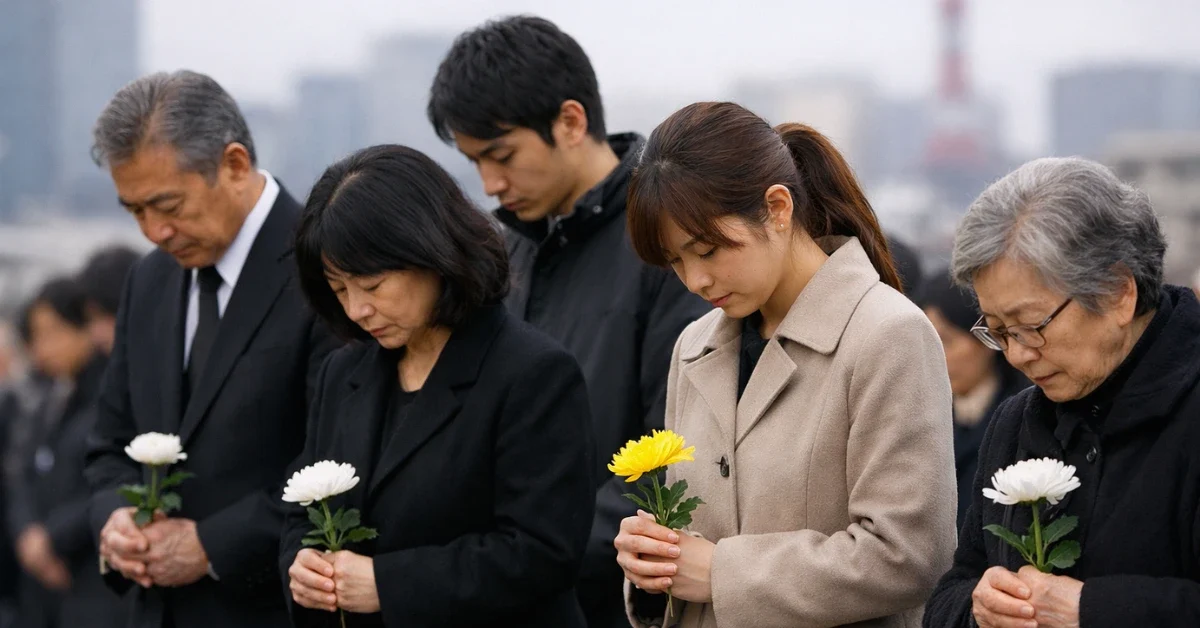 Japanese citizens bowing their heads in a moment of silence during a memorial ceremony for the 15th anniversary of the 2011 earthquake and tsunami.