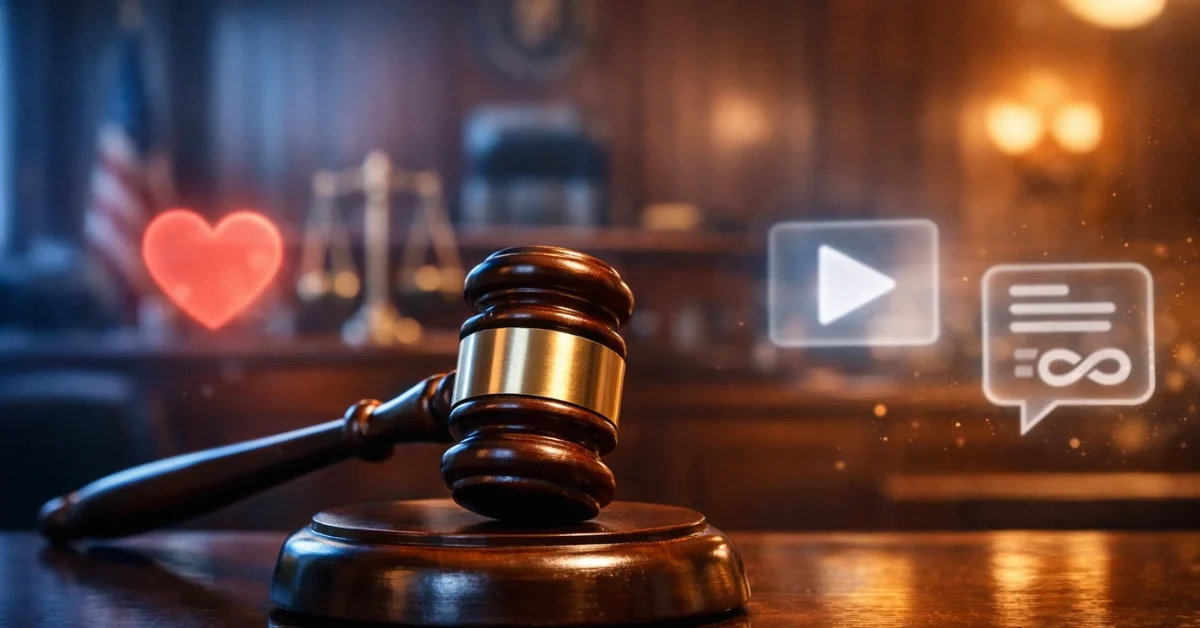 A wooden judge's gavel on a desk with glowing social media icons floating in a blurred courtroom background, representing the legal battle over tech addiction.
