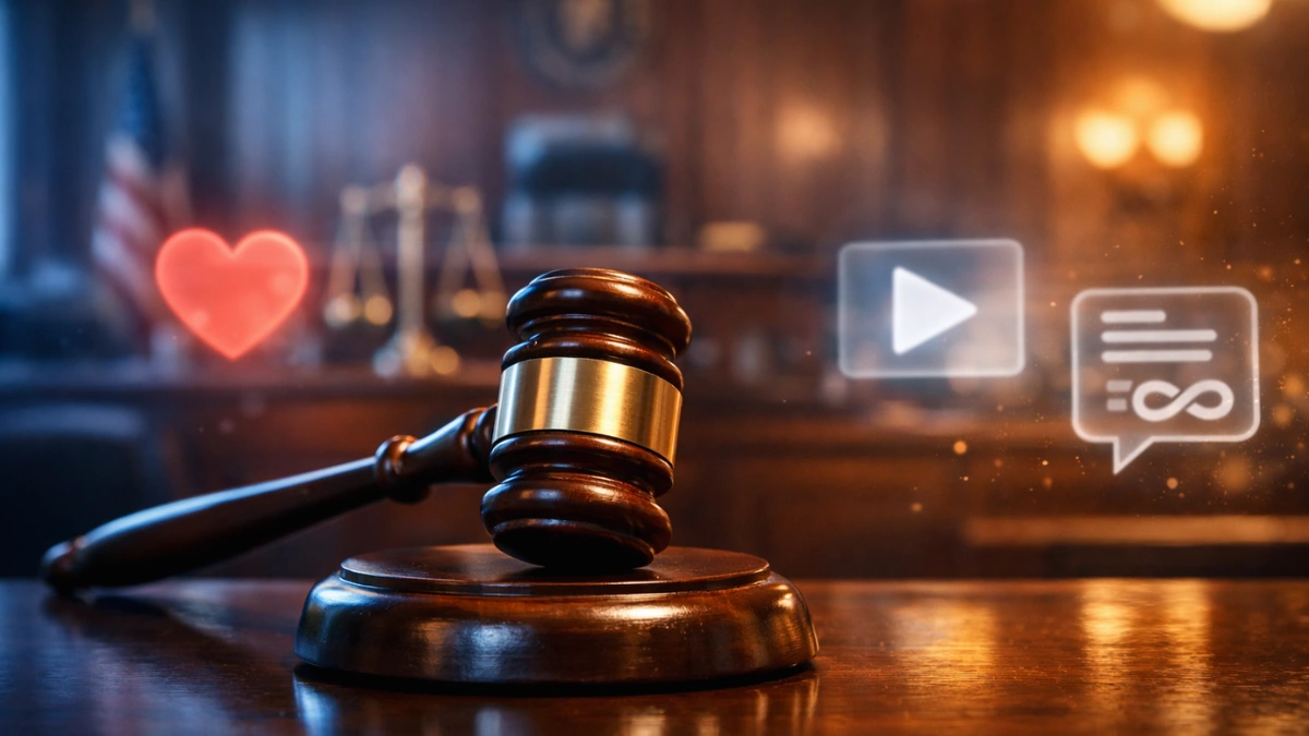 A wooden judge's gavel on a desk with glowing social media icons floating in a blurred courtroom background, representing the legal battle over tech addiction.
