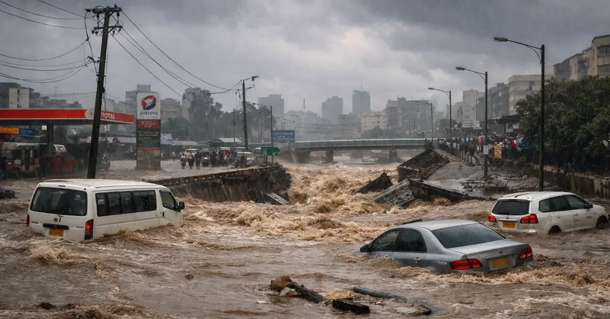 A flooded street in Nairobi, Kenya, with partially submerged vehicles and muddy brown waters under an overcast sky following severe heavy rains.