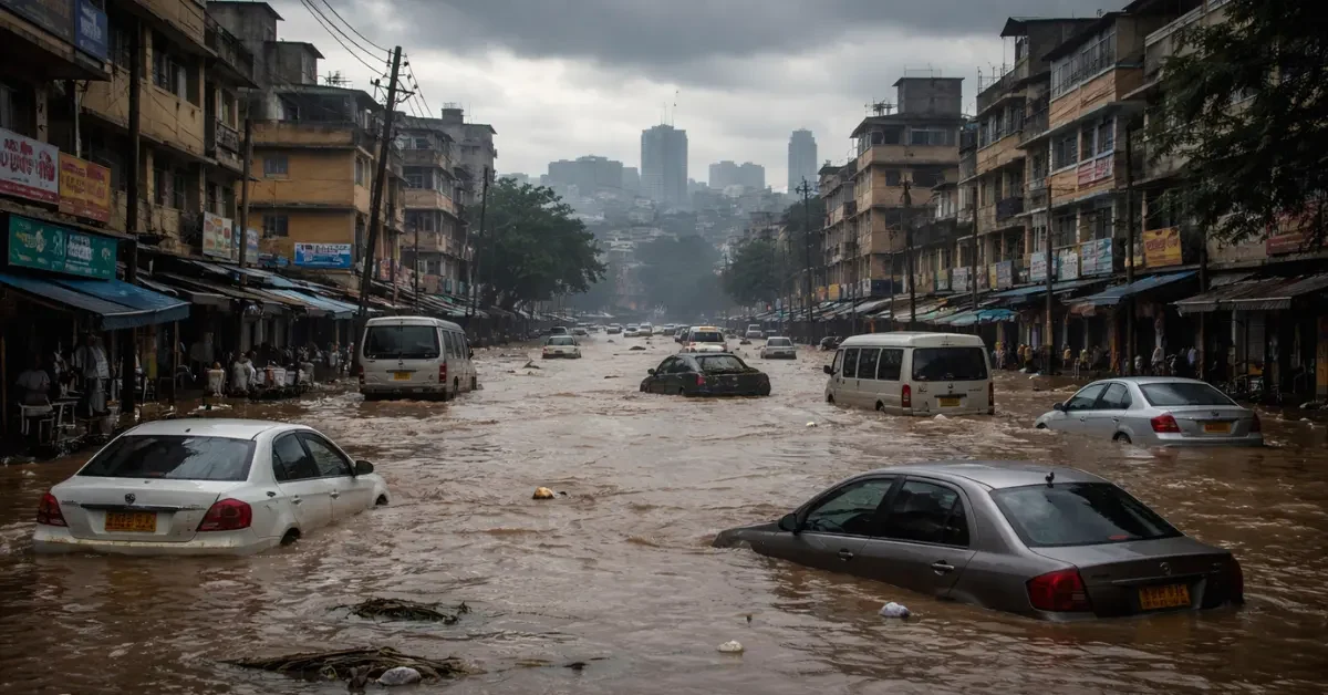 Muddy floodwaters submerge a city street and partially cover abandoned vehicles under heavy overcast skies in Nairobi, Kenya.